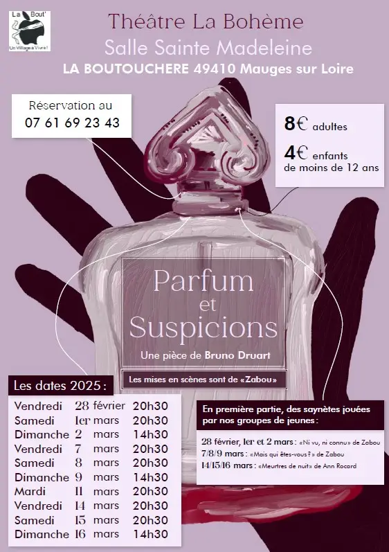 Affiche de la pièce Parfum et Suspicions jouée en 2025 par la troupe de théâtre la Bohème
