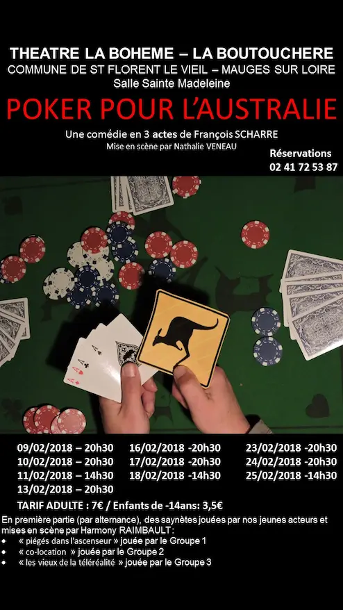 Affiche de la pièce Poker pour l'Australie jouée en 2018 par la troupe de théâtre la bohème de la boutouchère