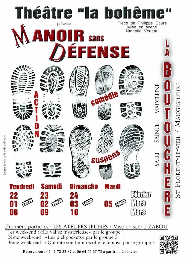 affiche de la pièce manoir sans défense jouée par la troupe de théâtre la bohème de la boutouchère en 2019